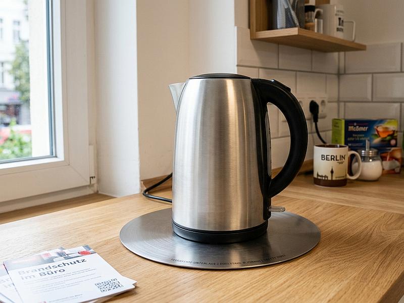 Matallische Brandschutzunterlage unter einer Kaffeemaschine in einer modernen Büro Küche und Aufenthaltsraum